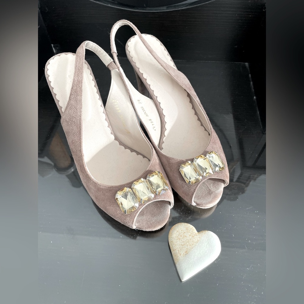 Boden, taupe suede, jeweled, sling back heels sz 38